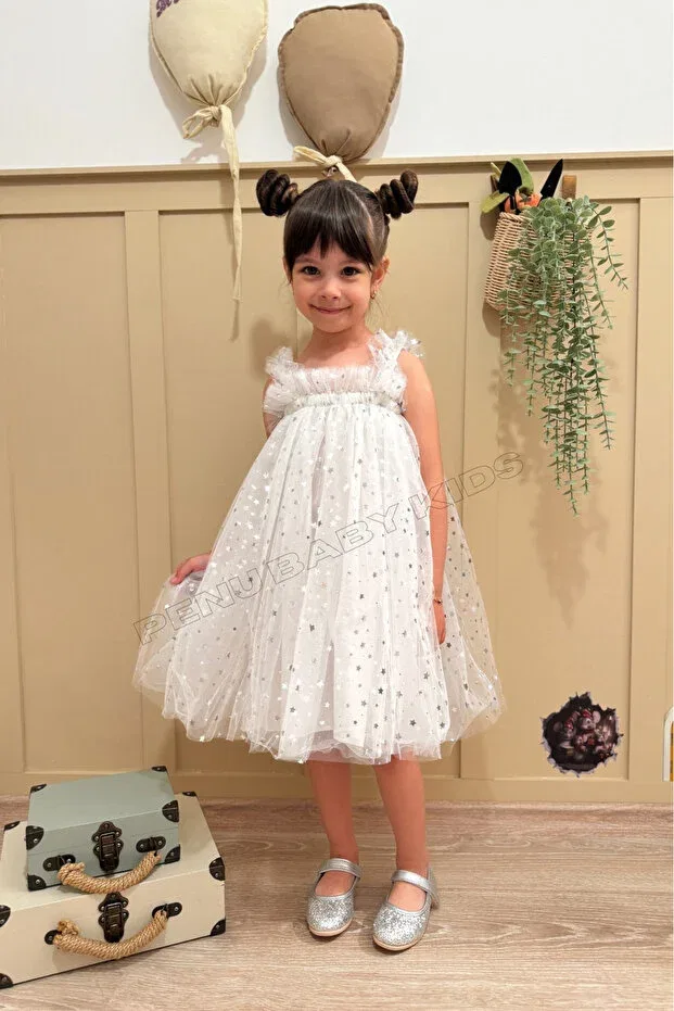 Детское платье для девочек с принтом White strap star printed tulle sleeveless girl's baby girl dress Penu Baby Kids, White
