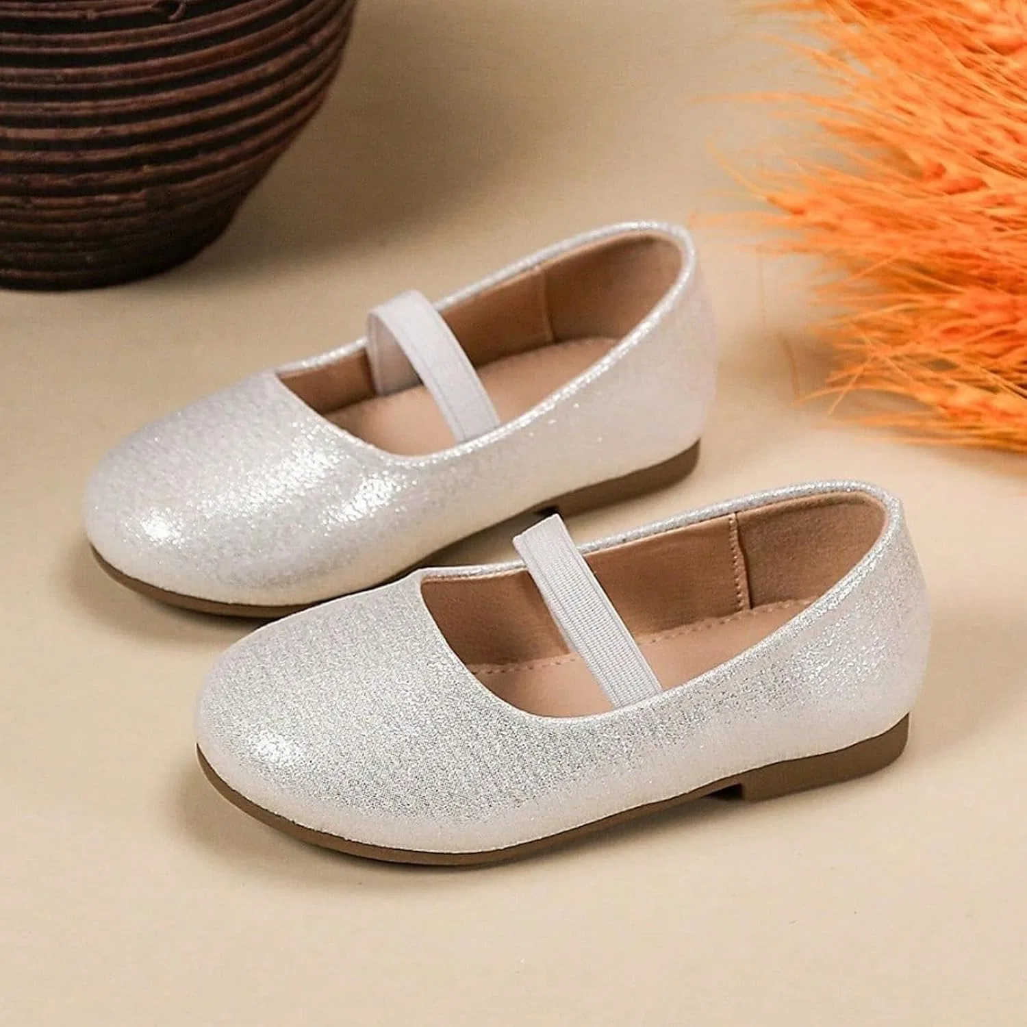 Детские туфли-балетки для девочек с цветочным принтом, модель Flower Leather Dress Shoes, бренд, Silver — фото 4