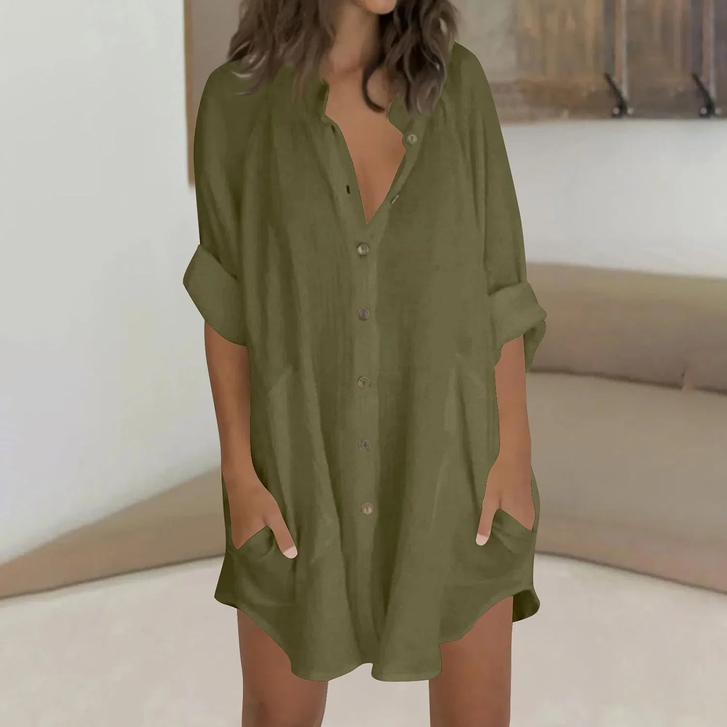 Женская туника из хлопка и льна с пуговицами Pelang, C-green — фото 2