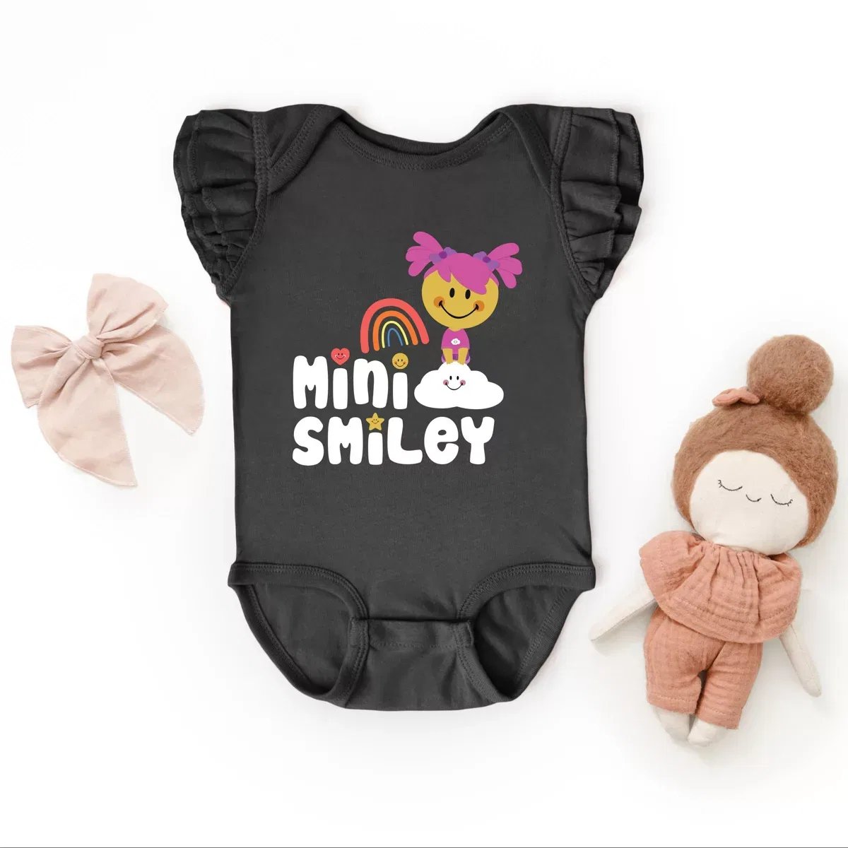 Детский боди с рукавом-крылышком Mini Smiley Rainbow Cloud Aria The Juniper Shop, Black — фото 3