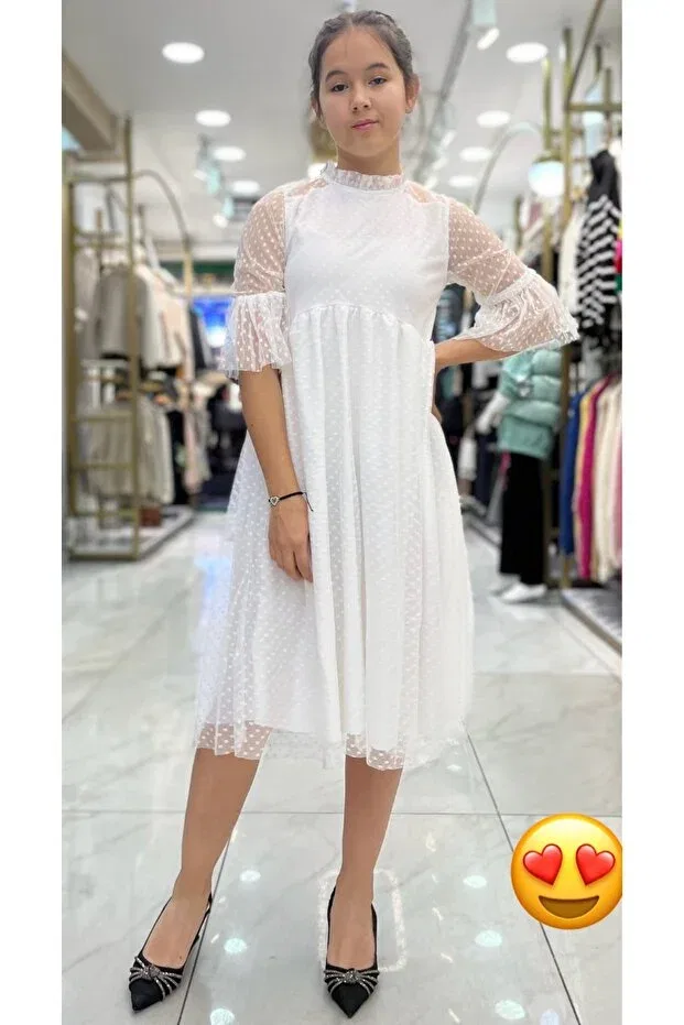 Детское платье для девочек с принтом Polka Dot Patterned Tulle Minimoda Kids, Nude Color