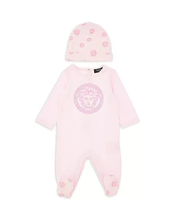 Детский комплект из боди-комбинезона и шапки с принтом Medusa Dots Versace, Pink+Pink