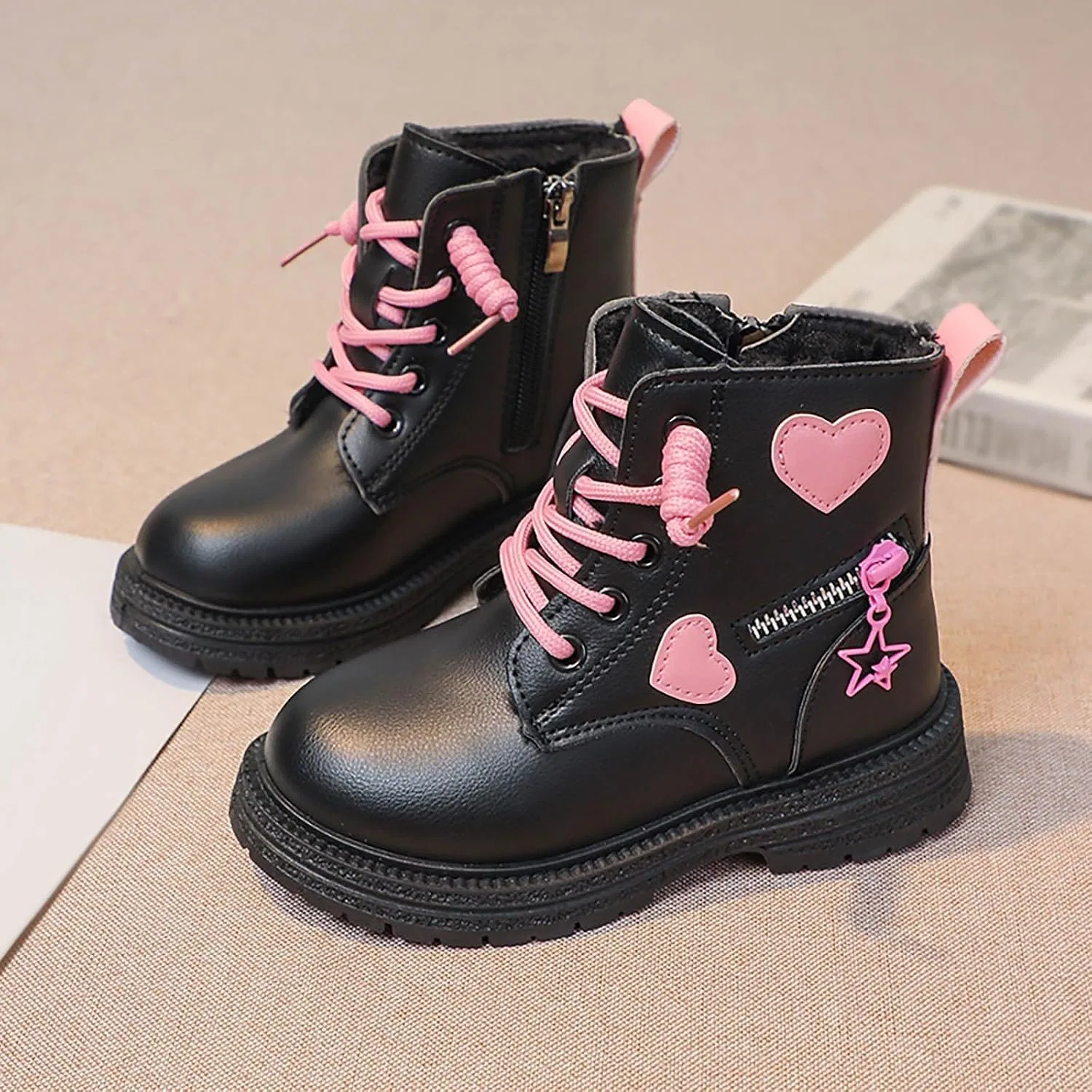 Детские ботинки для девочек на шнуровке с боковой молнией Y2K Lace Up Goth Boot Warm Fur Lined Winter Shoes, Black — фото 2