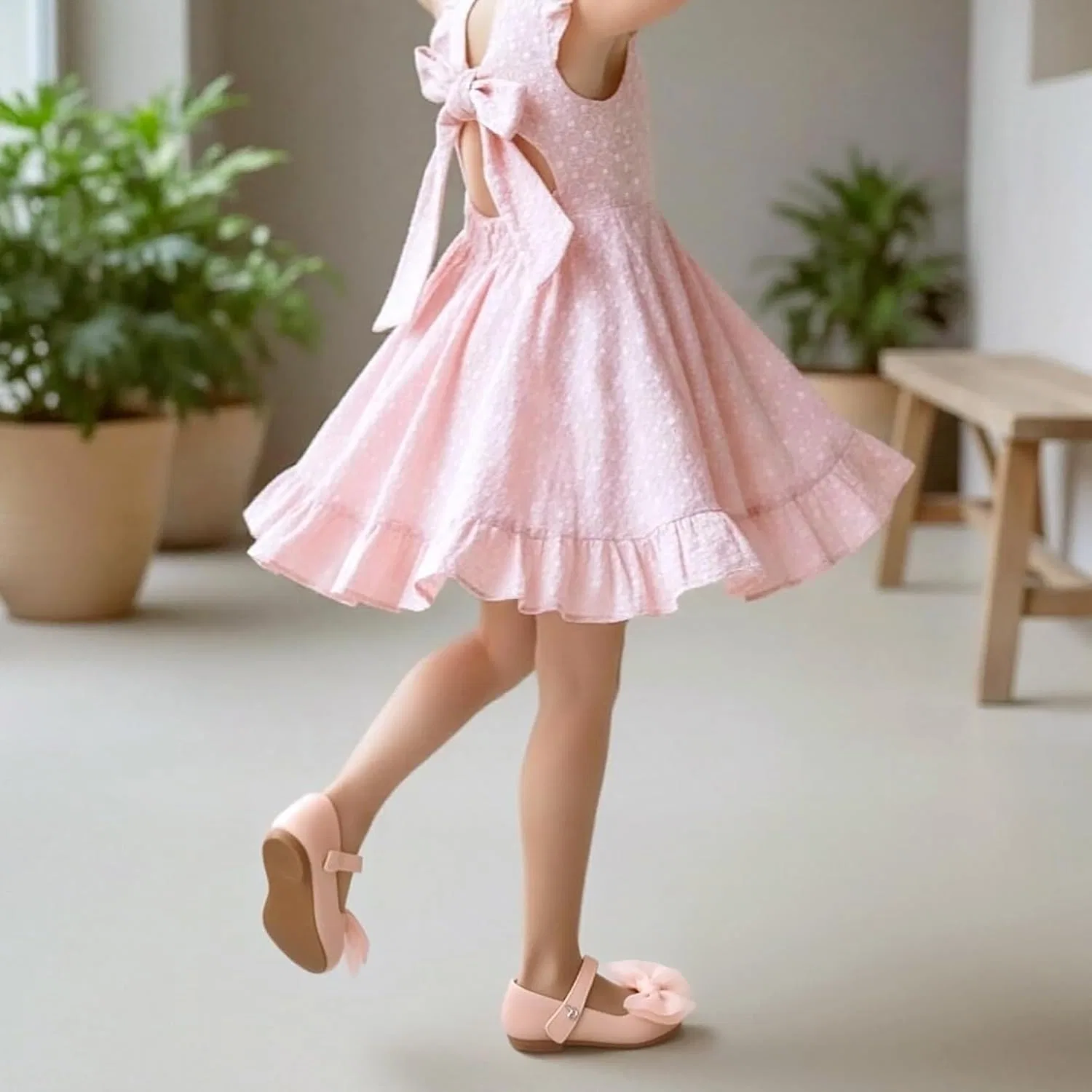 Детские балетки для девочек с бантом Mary Jane THEE BRON, Blush Nude — фото 4