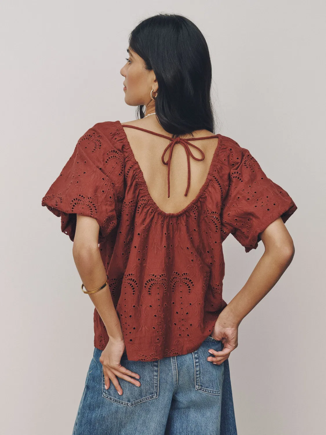 Блуза с вышивкой Broderie Volume Sleeve Tie Back Next, ржаво-красный — фото 4