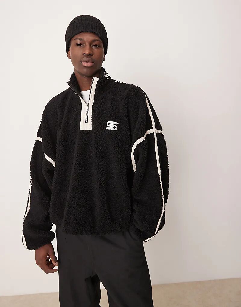 

Флисовый свитер ASOS DESIGN свободного кроя с молнией до середины бедра и вышивкой черного цвета