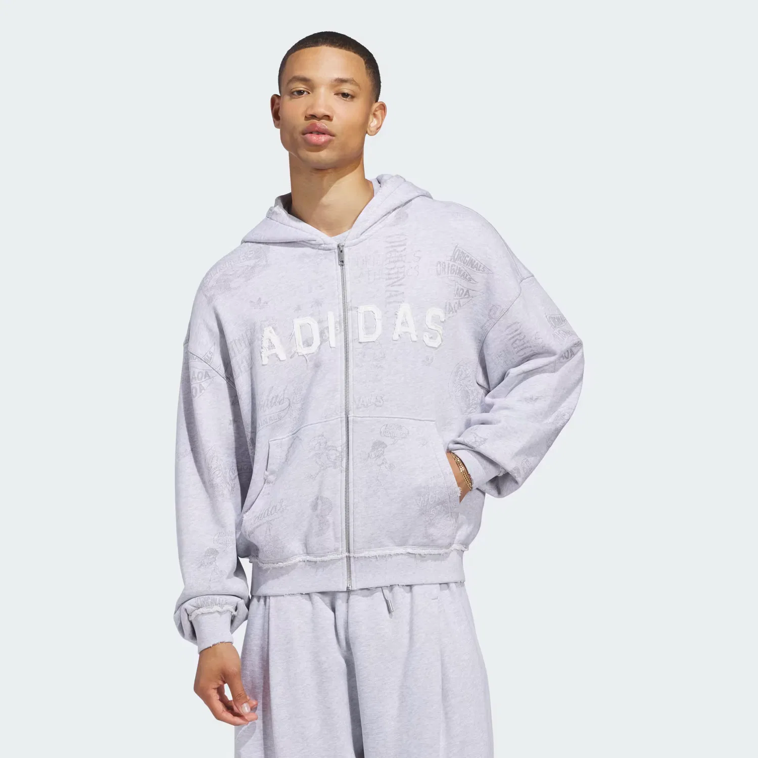 Мужское худи на молнии свободного кроя AOA Full Zip Adidas Originals, светло-серый меланж