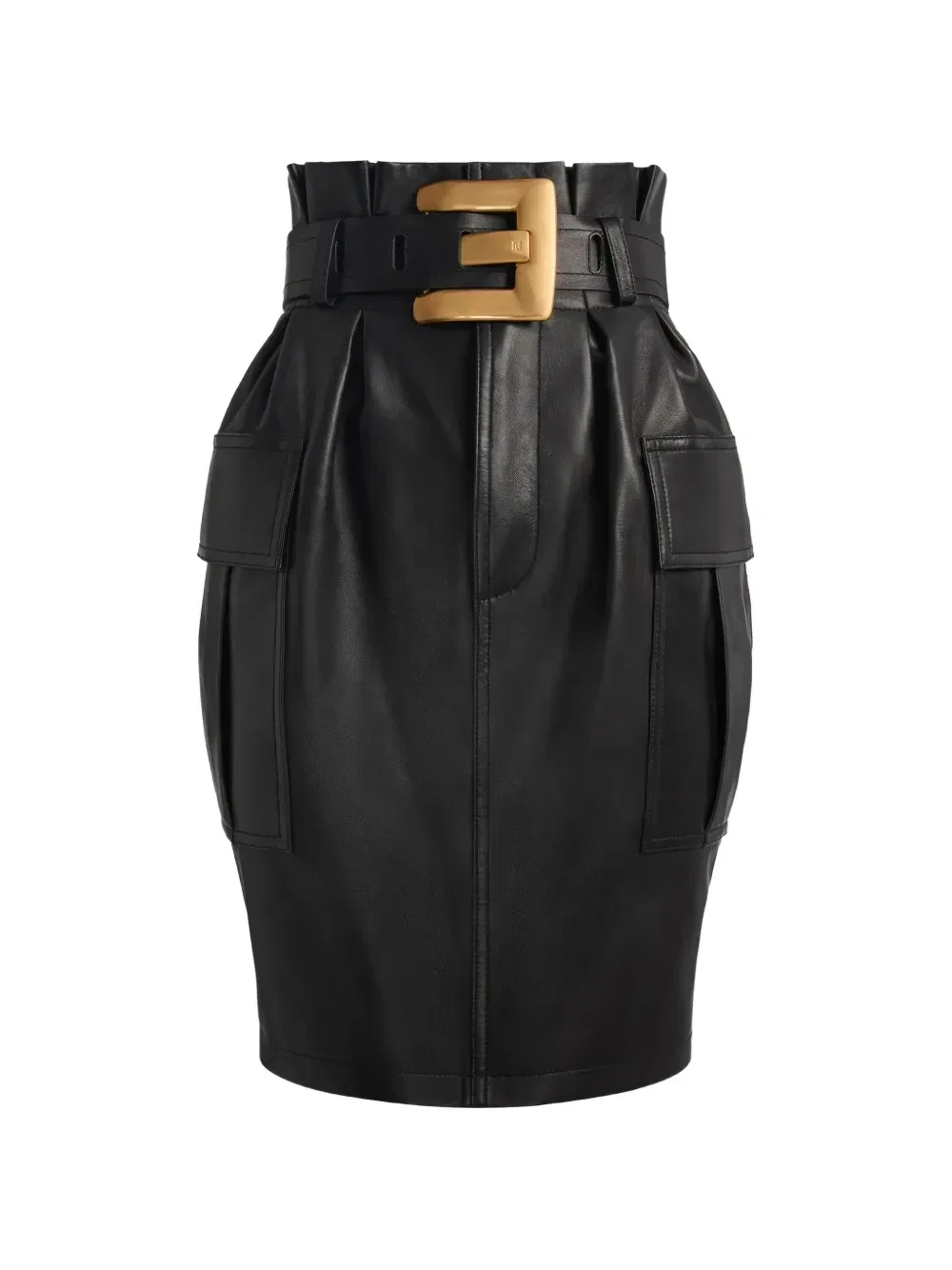 Кожаная юбка с поясом Balmain, черный