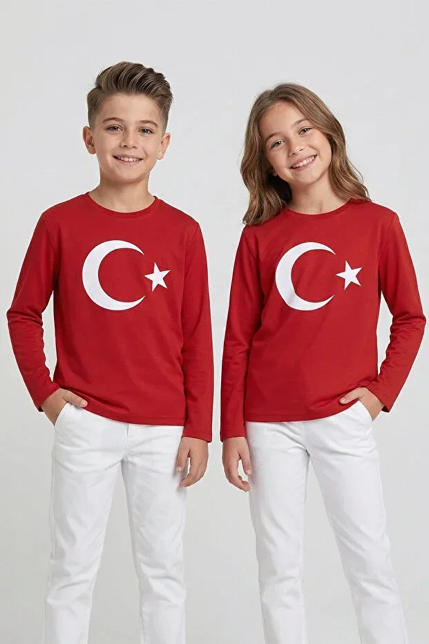 Детская футболка с принтом Crescent Star Turkish Flag Cotton 23 April Dmb Boys & Girls, Red