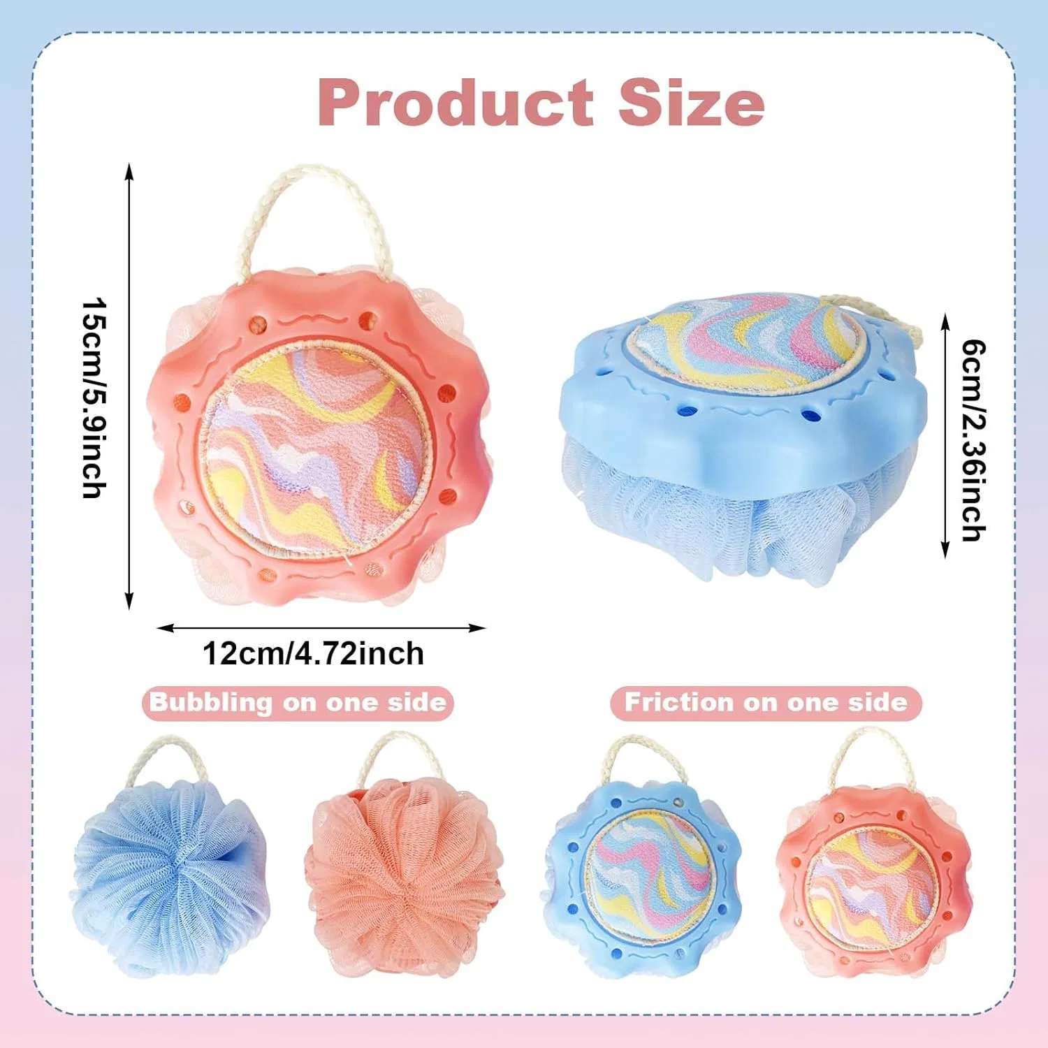 Мочалка для душа двойная, Eclove, 2 шт, 12x6.5 см, Розовый+Синий — фото 2