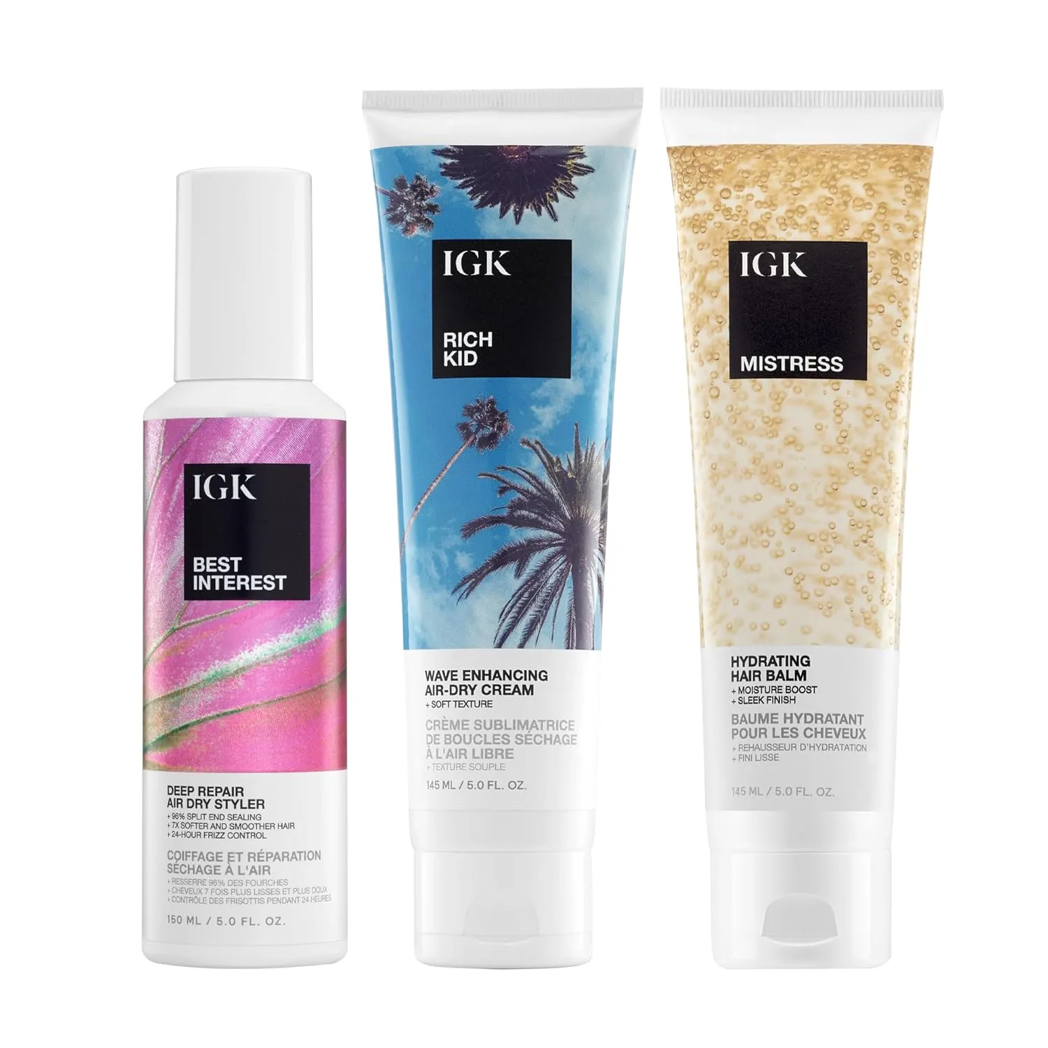 IGK Best Interest Deep Repair Air-Dry Styler + Rich Kid Coconut Oil Gel + Midrating Hair Balm - Трио для увлажнения, контроля пушистости и укладки без использования тепла