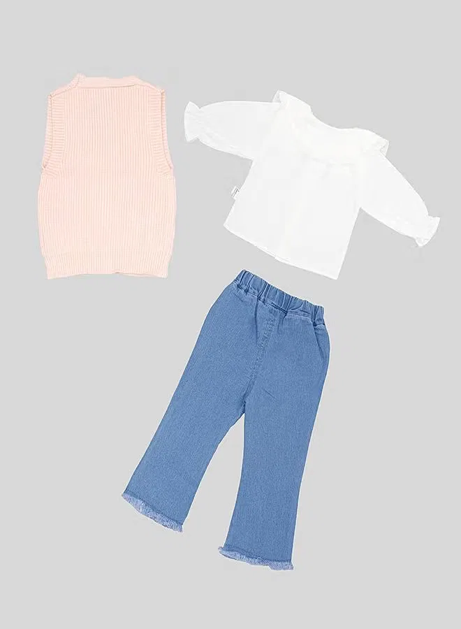 Комплект вязаный жилет с джинсами Pastel floral knit Babyqlo, розовый — фото 4