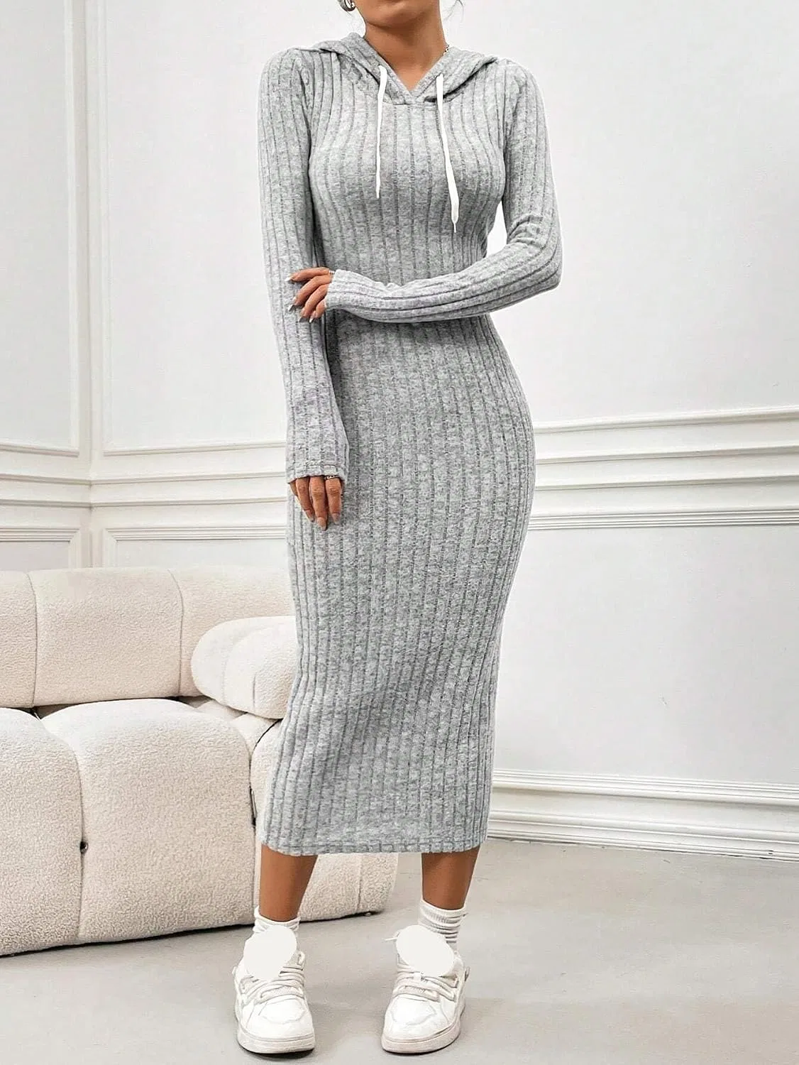 Женское облегающее платье с капюшоном Bodycon, Grey — фото 4