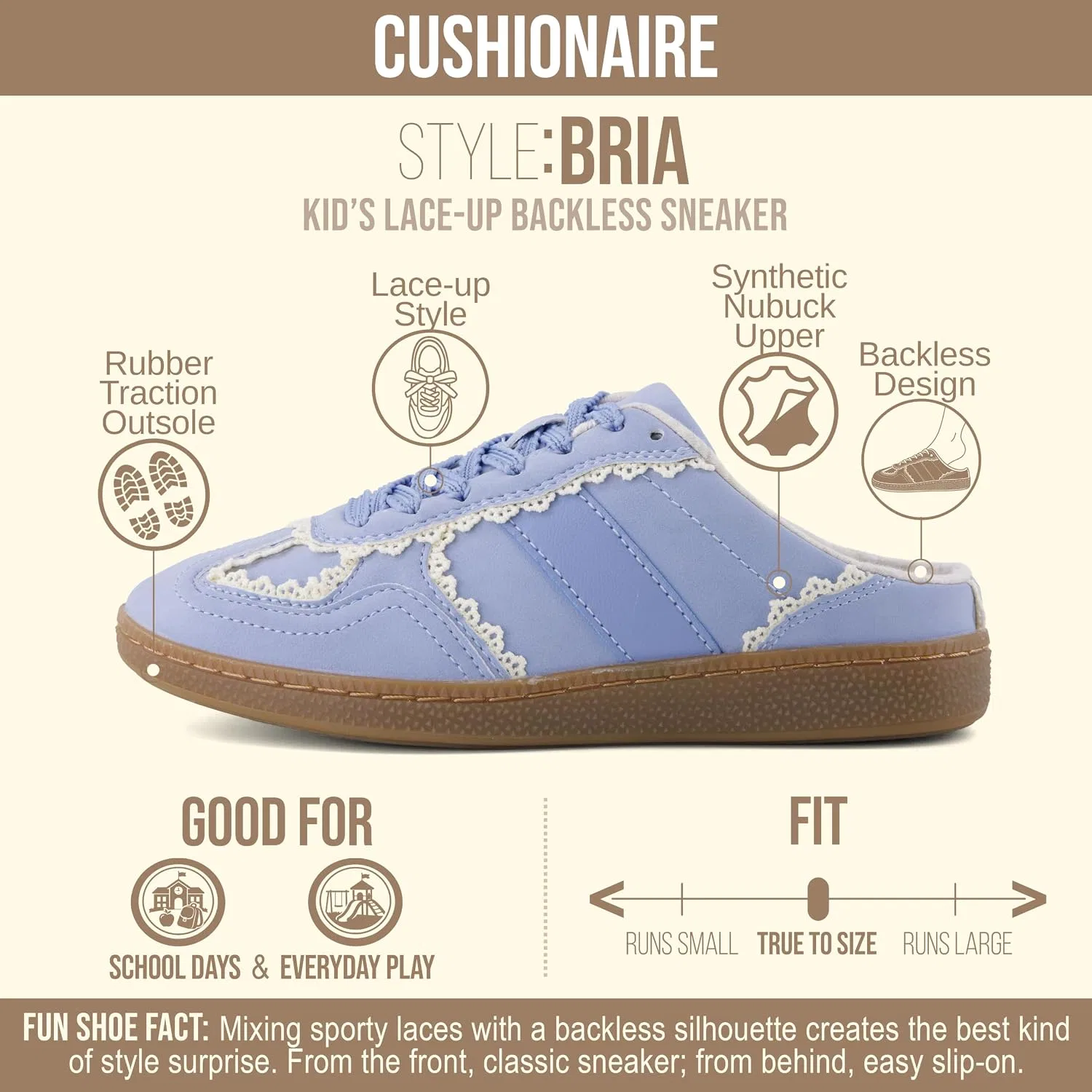 Детские кроссовки для девочек без задника на шнуровке Bria CUSHIONAIRE, Blue — фото 2