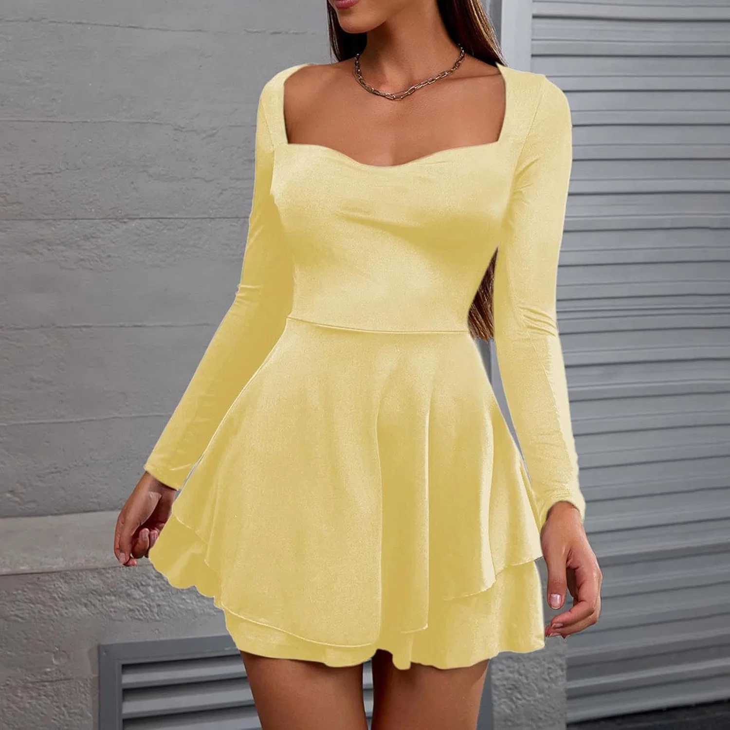 Женское мини-платье с длинным рукавом и сладким вырезом, Yellow — фото 2