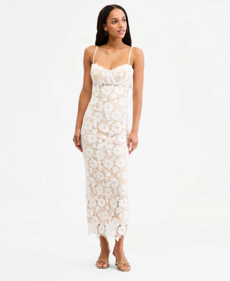Платье-миди без рукавов с кружевом и шнуровкой на спине, модель Lace Sweetheart-Neck Lace-Up-Back Midi Dress Jump, White Nude