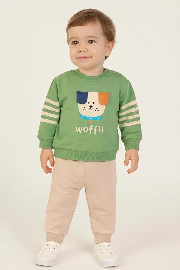 Детский спортивный костюм для мальчиков с принтом Dog Printed Ear Detailed Baby Boy Tracksuit Set Generic Brands, Green