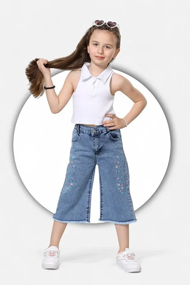 Детские шорты для девочек с вышивкой Sprinkled daisy embroidered-cotton-leg feather detailed-girl's bermuda Modiclas, Blue — фото 2
