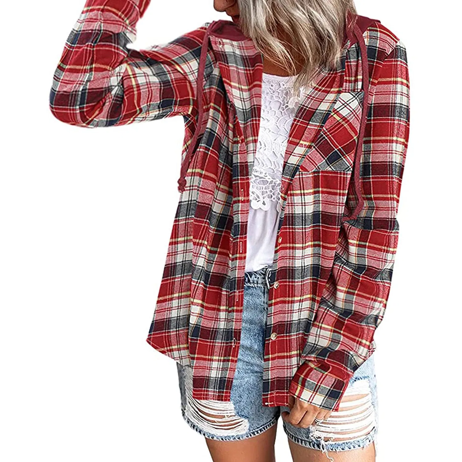 Женская куртка oversize с длинным рукавом, клетчатая, с капюшоном, Vino