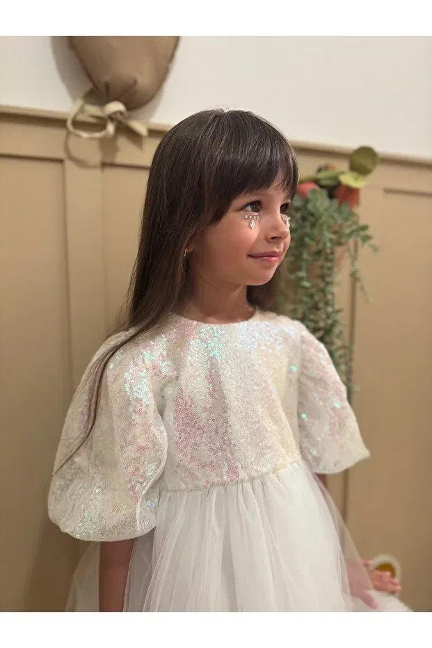 Детское платье для девочек с пайетками модель Ecru sequined balloon sleeve coarse tulle skirted girl's baby girl's evening dress - terra Penu Baby Kids, Ecru — фото 2