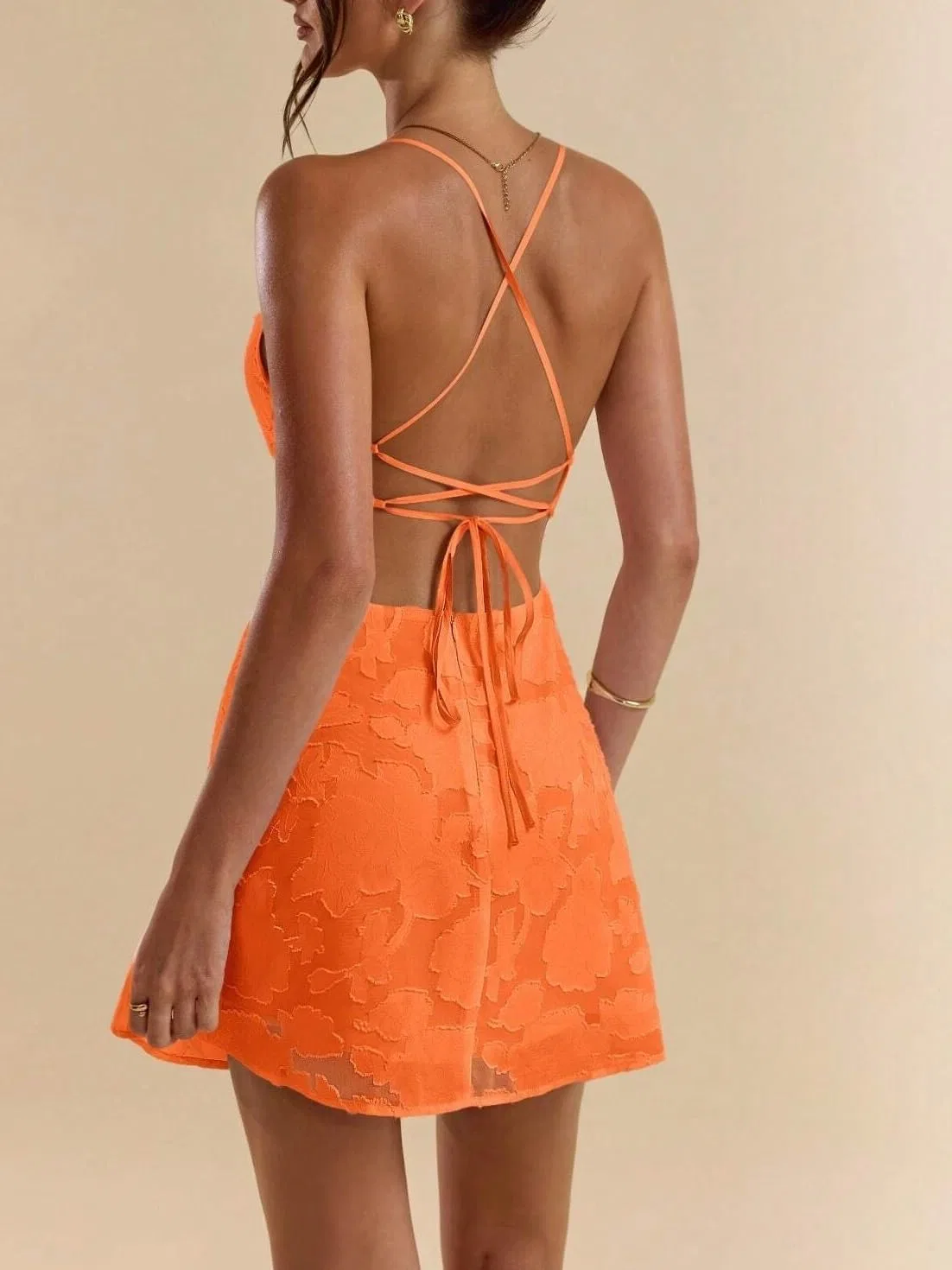 Женское мини-платье на бретельках с завязками сзади, Orange — фото 2
