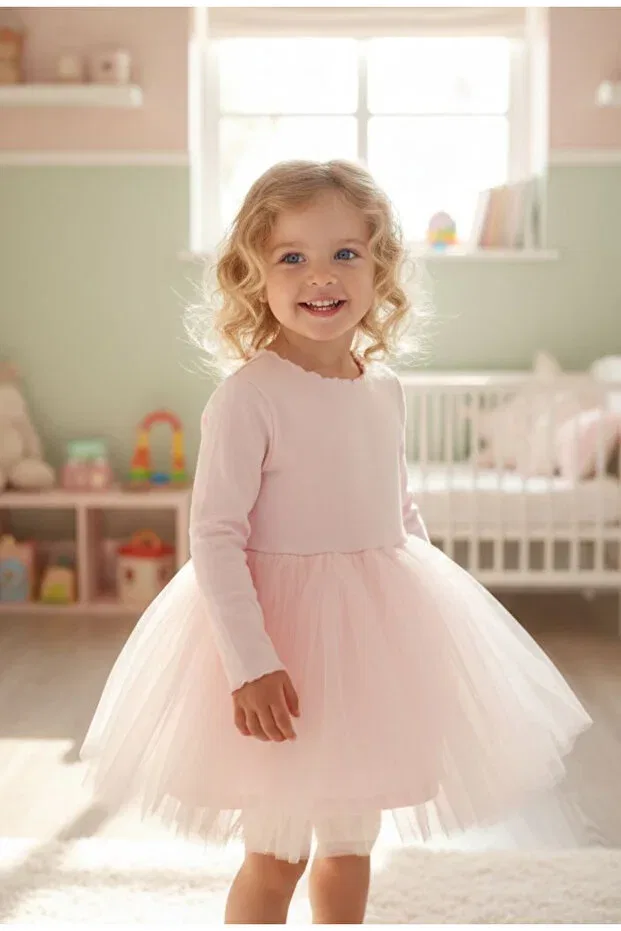 Детское платье для девочек с длинным рукавом Milangel, Light Pink — фото 2