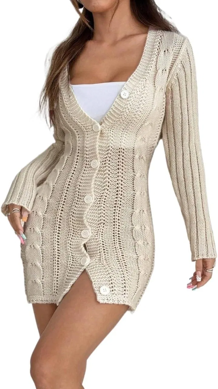 Женское короткое платье-свитер с глубоким V-вырезом, Beige