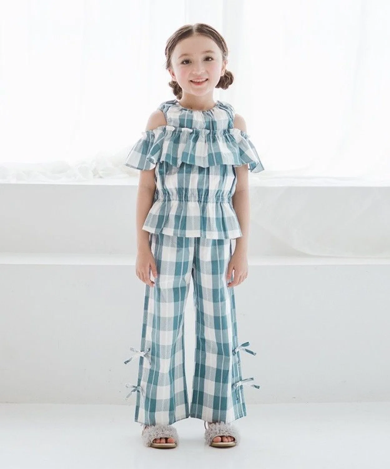 Детская блуза с открытыми плечами в клетку, модель Block Check, branshes, Black — фото 3