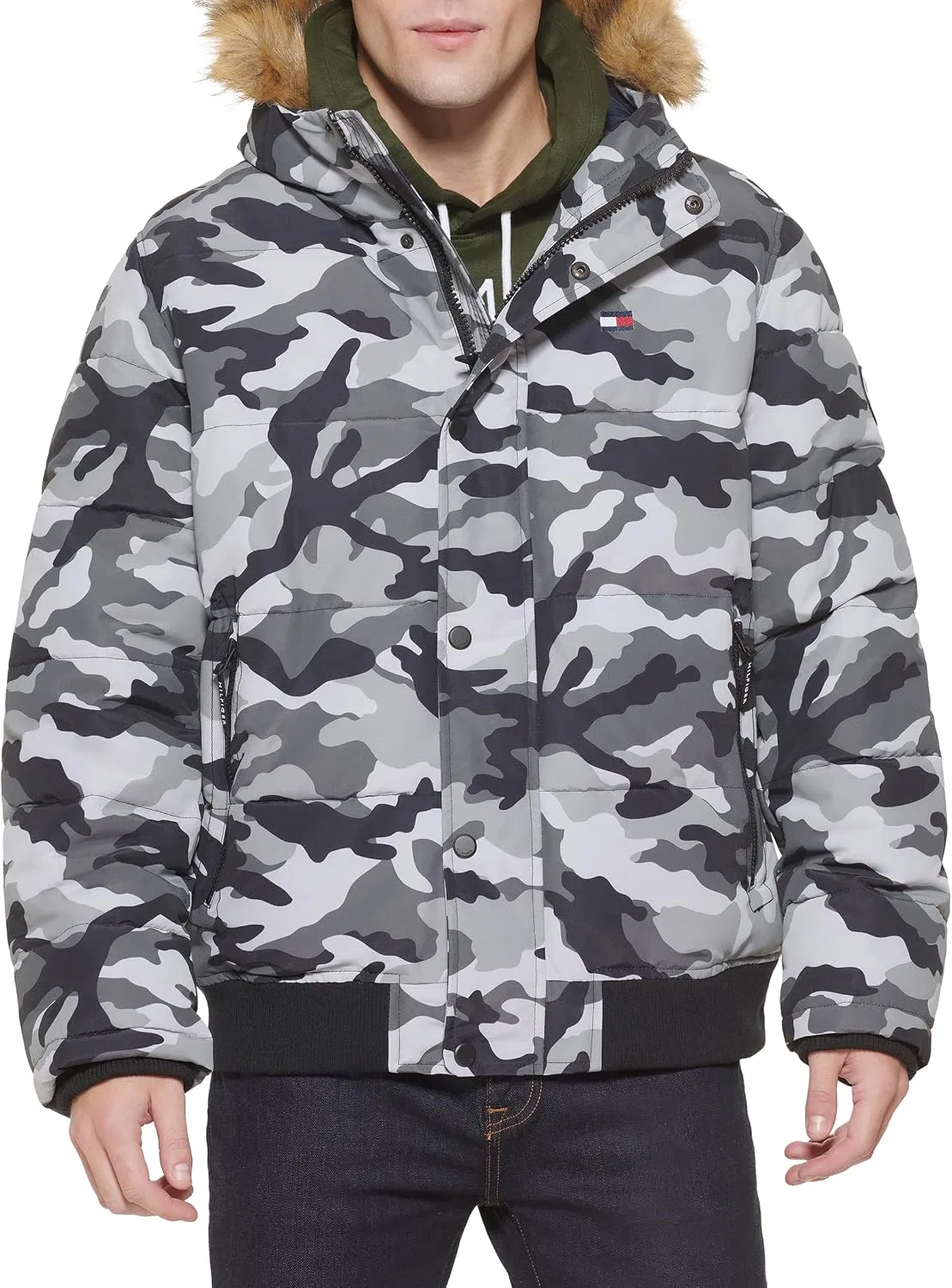 Мужская куртка-бомбер с капюшоном, стеганая, Arctic Cloth, Tommy Hilfiger, серый/камуфляжный