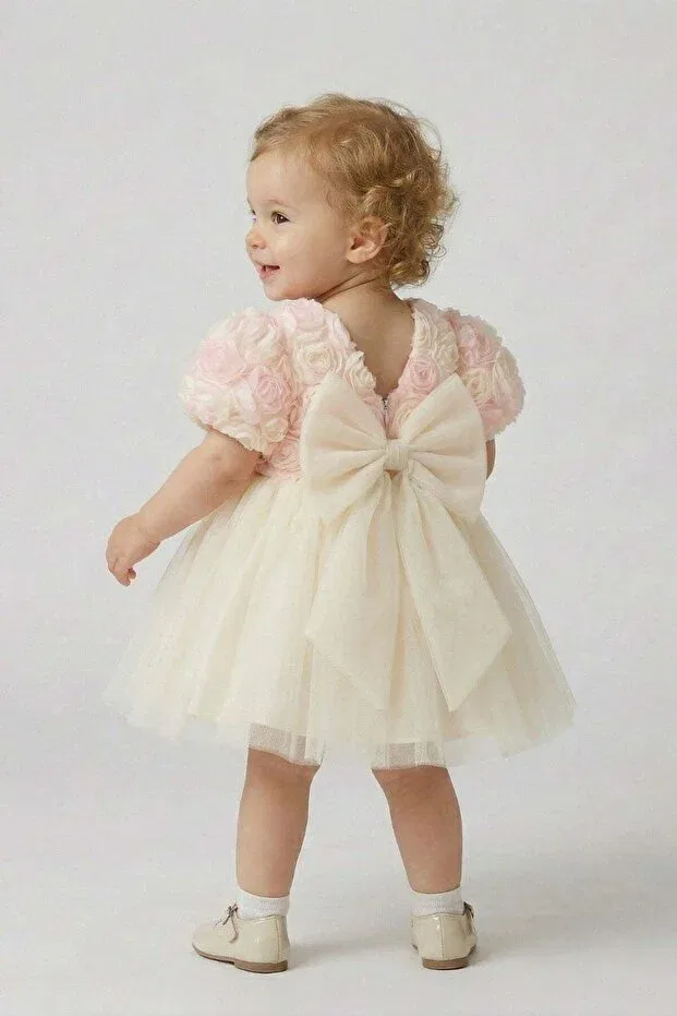 Детское платье для девочек с принтом Rose Detailed Bowknot Baby Evening Dress Cantoy, Ecru — фото 2