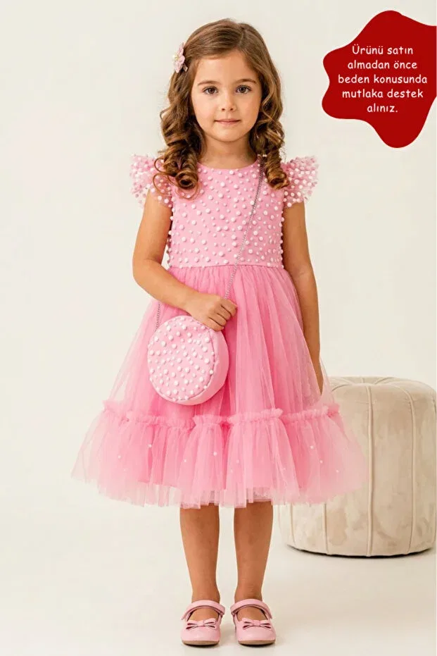 Детское платье для девочек с воланами Ruffled girl's evening dress with pearls bag Eray Kids, Pink