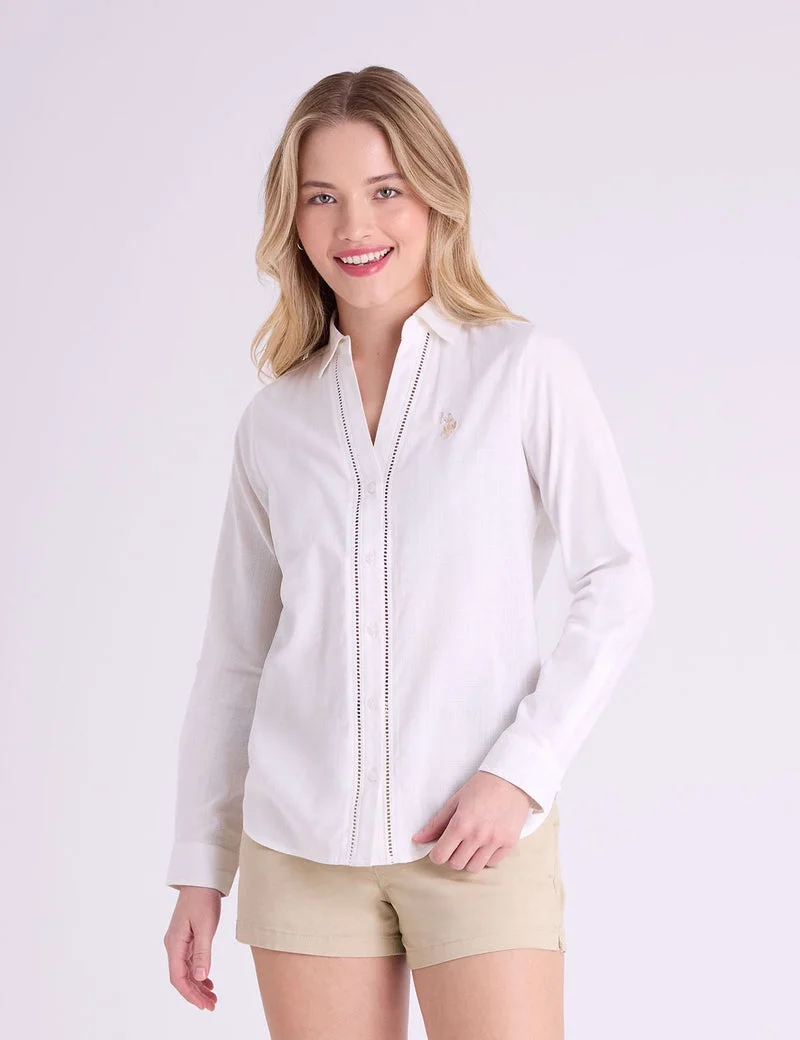 Женская рубашка U.S. Polo Assn. Crochet Trim Linen Long Sleeve, белый — фото 4