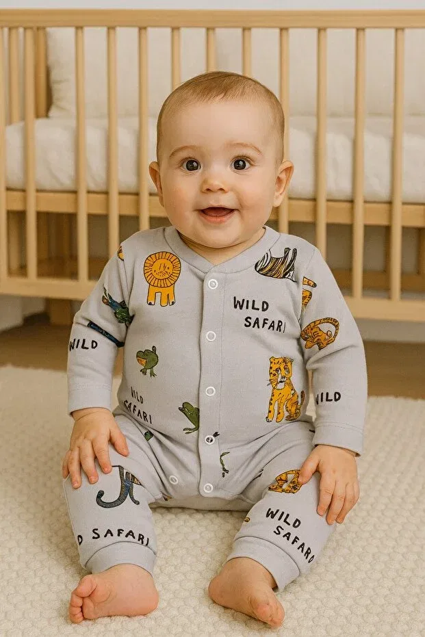 Детское боди-комбинезон для мальчиков с длинным рукавом Safari Printed Dinamik Çocuk, Sand Gray Safari