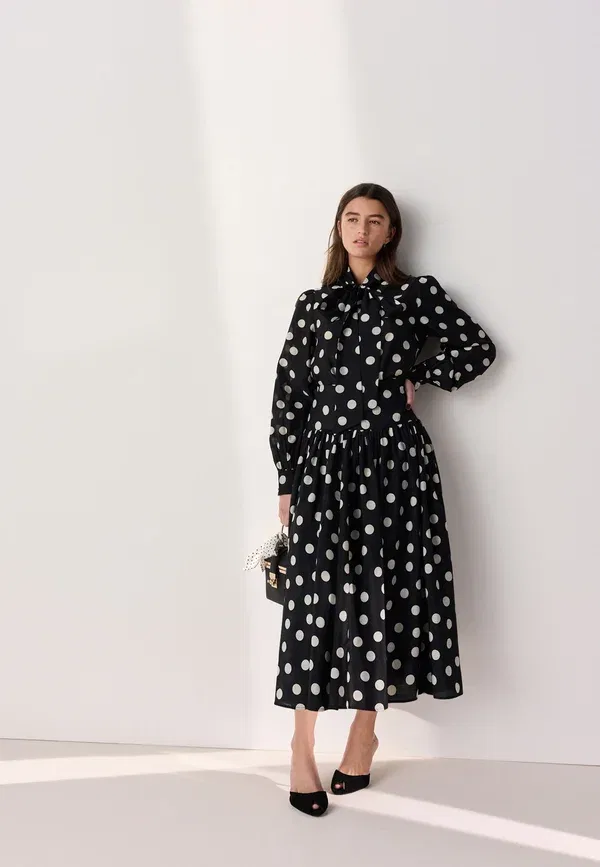 Блуза с галстуком, Polka dot, Tabitha Simmons x Long Sleeve Bow Neck Blouse, Next white polka dot, белый