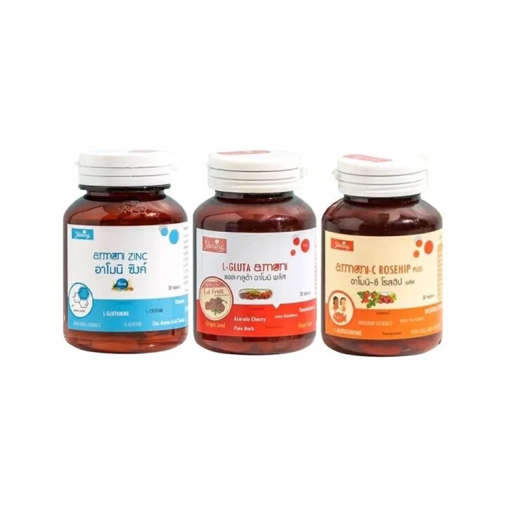 

Набор пищевых добавок Shining L-gluta Armoni C rosehip plus zinc, Monica l-glutathione, vitamin C, 30 таблеток, 3 шт