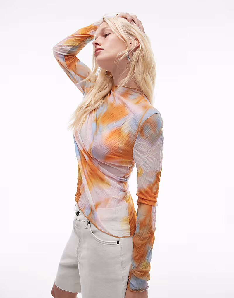 

Длинный топ с абстрактным цветочным принтом и жатым узором в разноцветной гамме Topshop, мультиколор