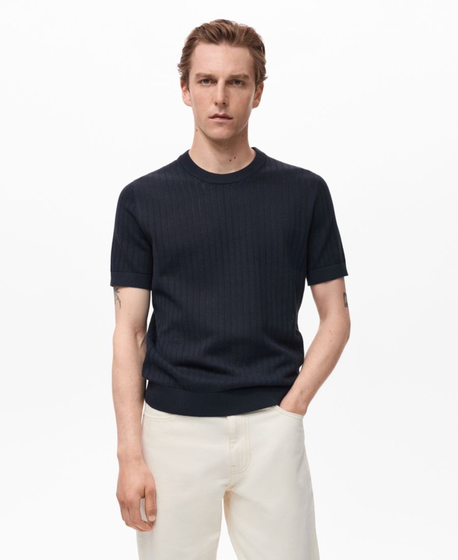 

Мужская полосатая ажурная хлопковая футболка MANGO, Navy