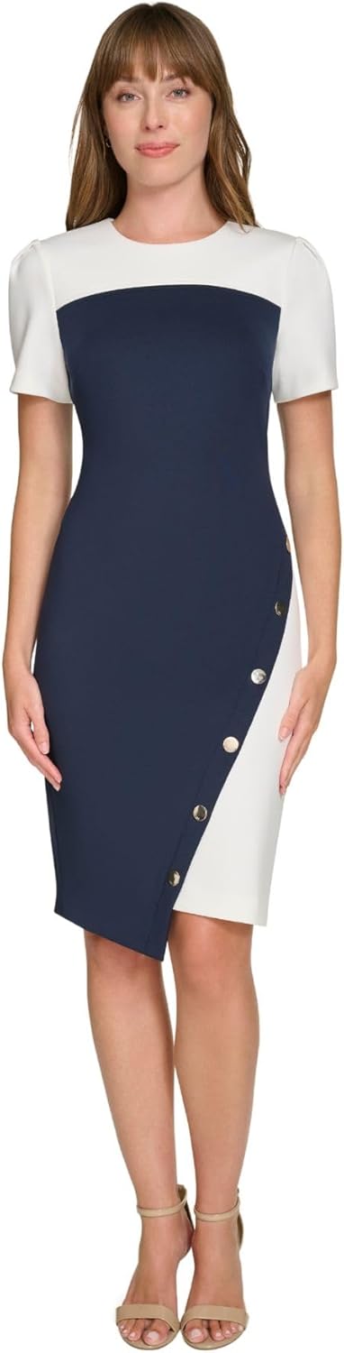 Женское платье-футляр Tommy Hilfiger с короткими рукавами, заклепками и асимметричным подолом, Sky Captain/Ivory — фото 2