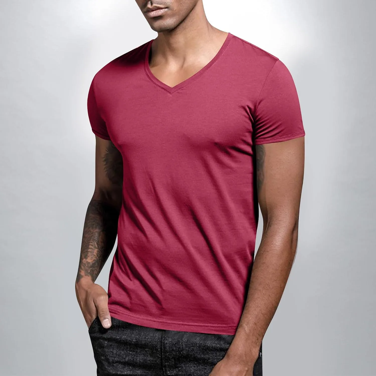 Мужская футболка Slim Fit с коротким рукавом и V-образным вырезом, мягкая, легкая, повседневная, базовая майка для лета и тренировок Generic, Wine — фото 2