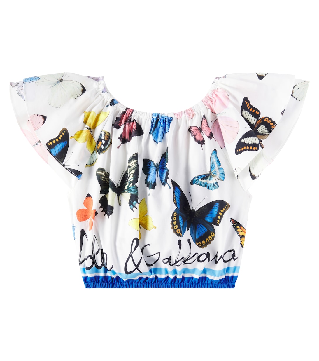 Топ из хлопкового поплина с оборками и принтом Dolce&Gabbana Kids, Farfalle Borod Blu — фото 4