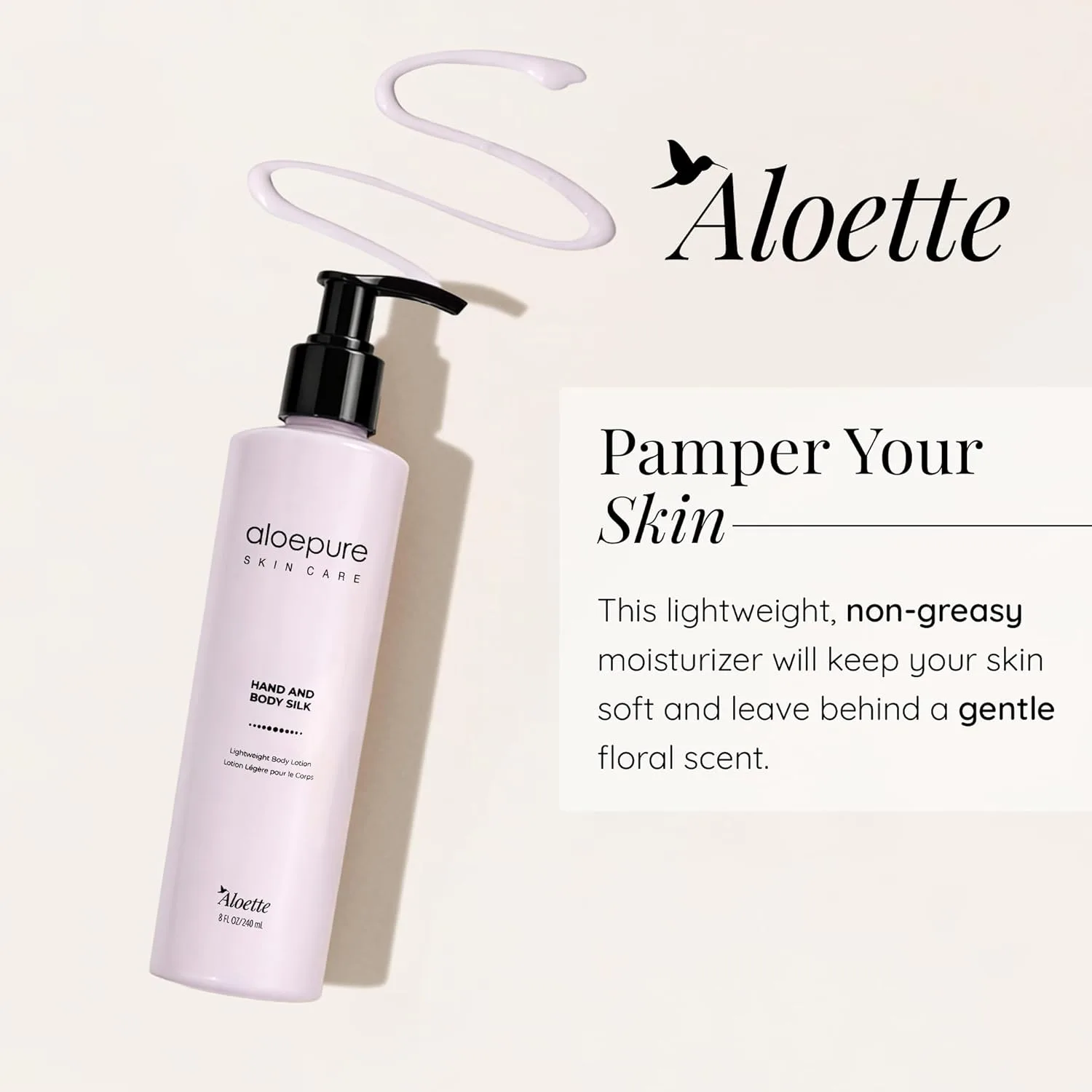 Aloette Hand & Body Silk Lotion - легкий и нежный увлажняющий лосьон для тела для женщин и мужчин с цветочным ароматом и экстрактом алоэ вера для мягкой и гладкой кожи, 236 мл — фото 2
