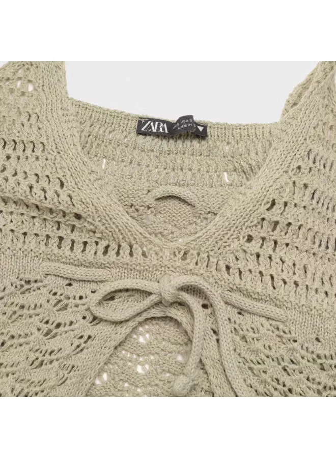 Топ вязаный без рукавов с ажурным узором Zara, зеленый — фото 4