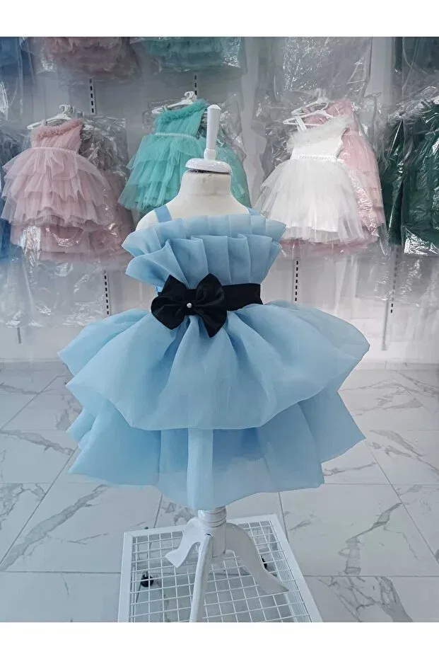 Детское вечернее платье для девочек с принтом Strappy Bow Detailed Layered Bonita, Baby Blue