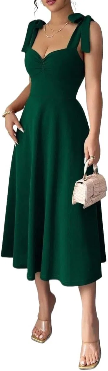 Женское элегантное платье миди с бантом, Dark Green