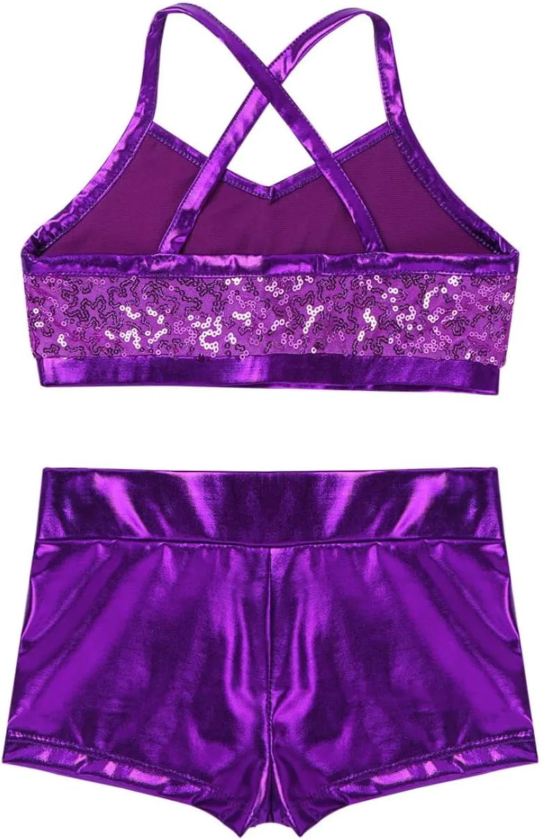 Детский спортивный костюм с пайетками Raenseen, топ и шорты, Purple — фото 4