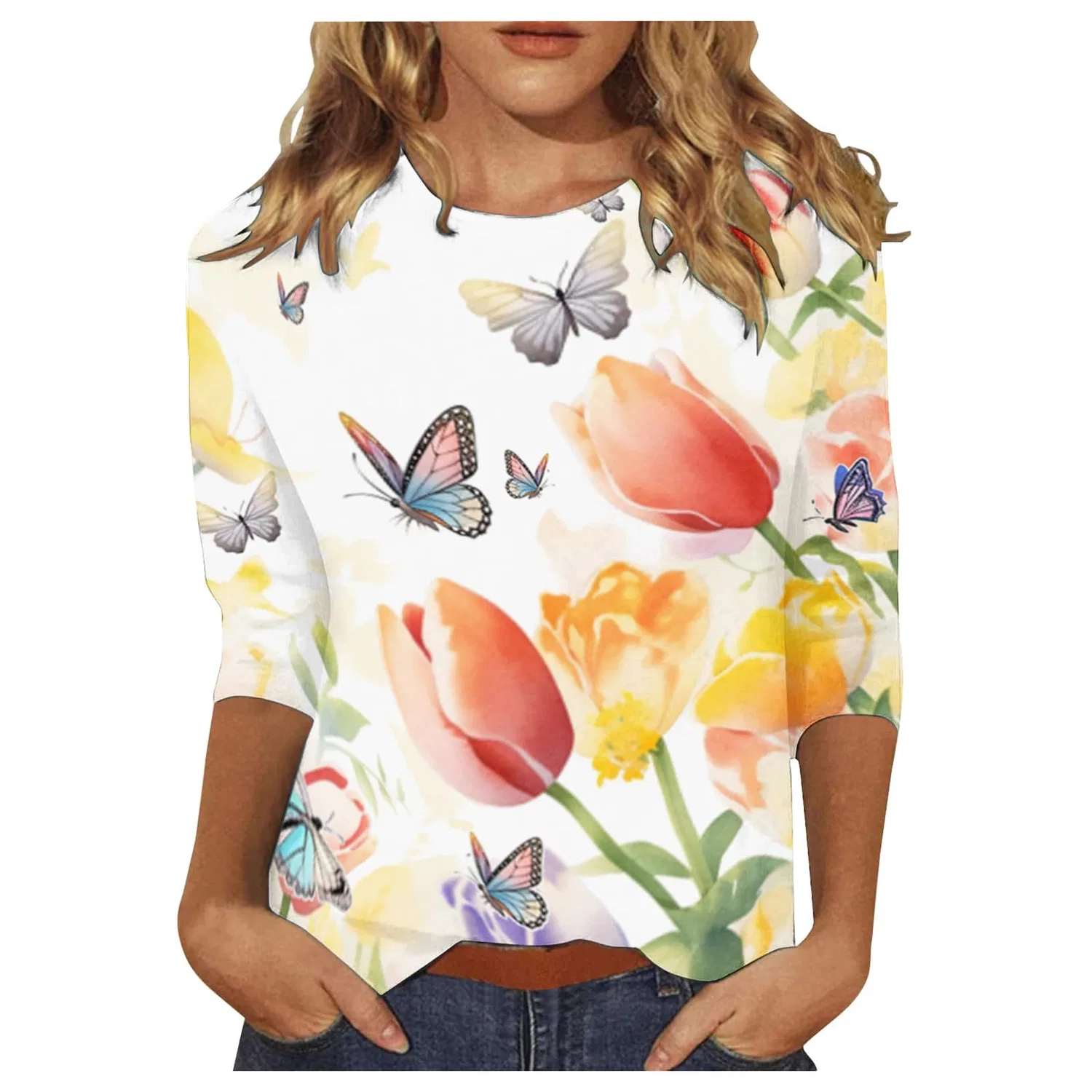 Женская футболка с принтом Floral Print Round Neck Long Sleeve Lace Top Casual Loose 3/4 Sleeve 7/4 Sleeve Jacket Beautician, Beige-1