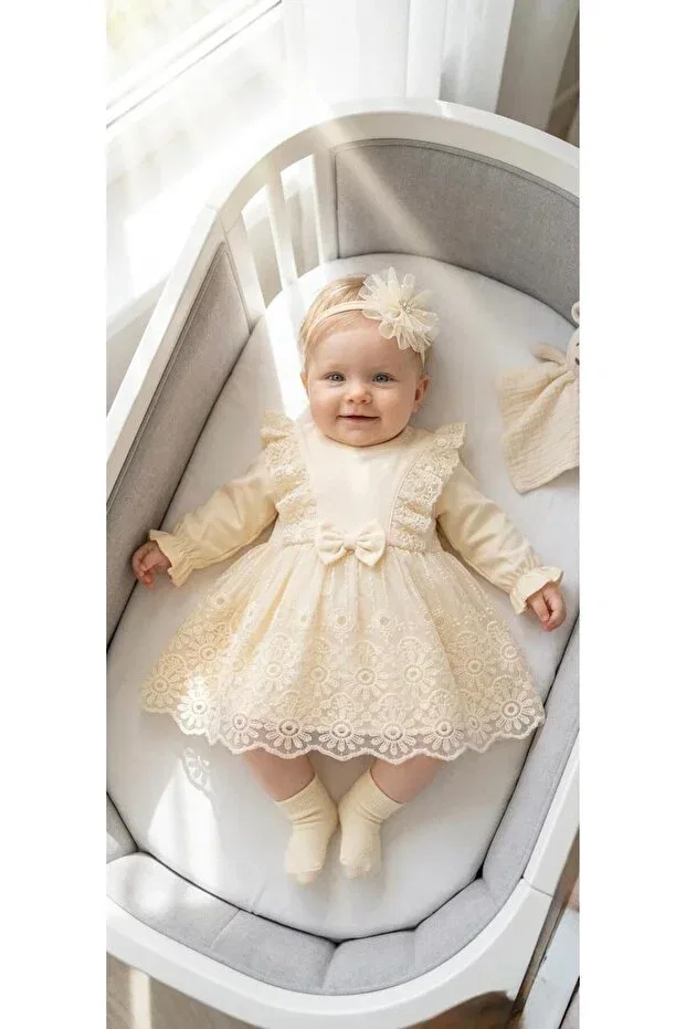 Детское платье для девочек с вышивкой Mevlutluk Miniday Baby, Beige