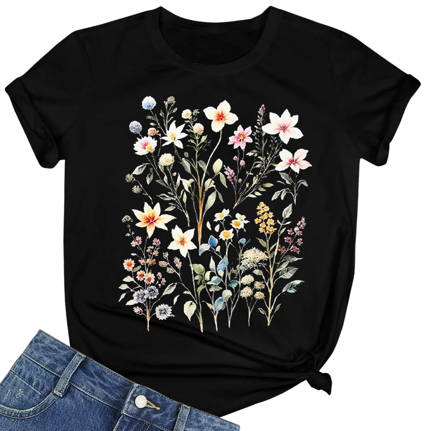 Женская футболка с принтом Girls Graphic Satin Blouses Loose Tops Plus Size Summer Sunflower Women's Basic Cotton Top, 2-black — фото 3