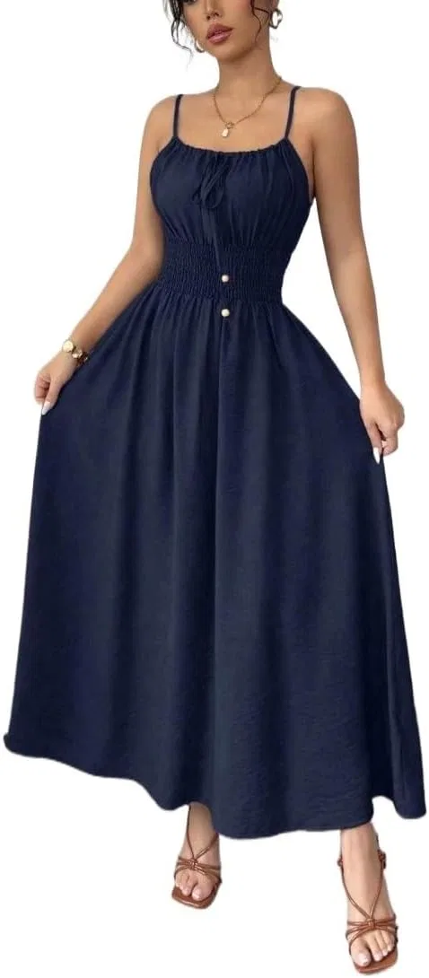 Женское повседневное платье на бретелях с высокой талией Navy Blue