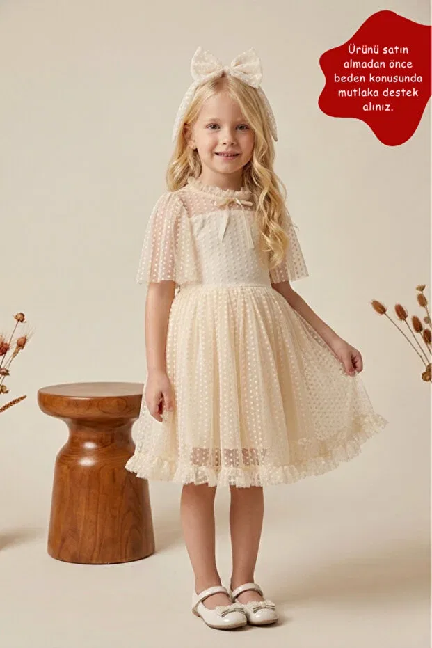 Детское платье для девочек с принтом Dotted Lace Neckline Ruffled Girl's Evening Dress Eray Kids, Nude Color
